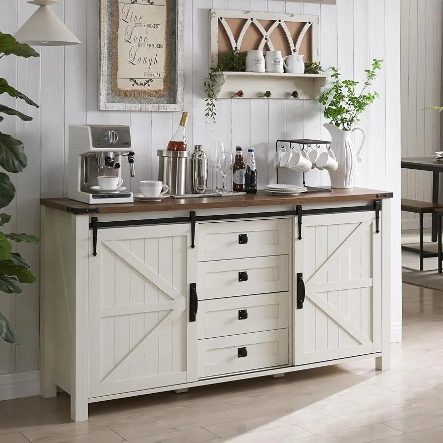 

Farmhouse Sideboard Buffet Cabinet with Storage, Large Kitchen Cabinet Sliding Barn Doors and 4 Drawers,Tall Coffee Bar Table