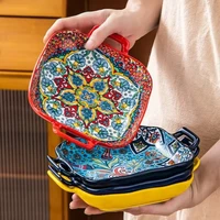 1 piece of 9-inch Bohemian style salad plate with double ear ceramic pasta dish, can be used for oven, microwave 6