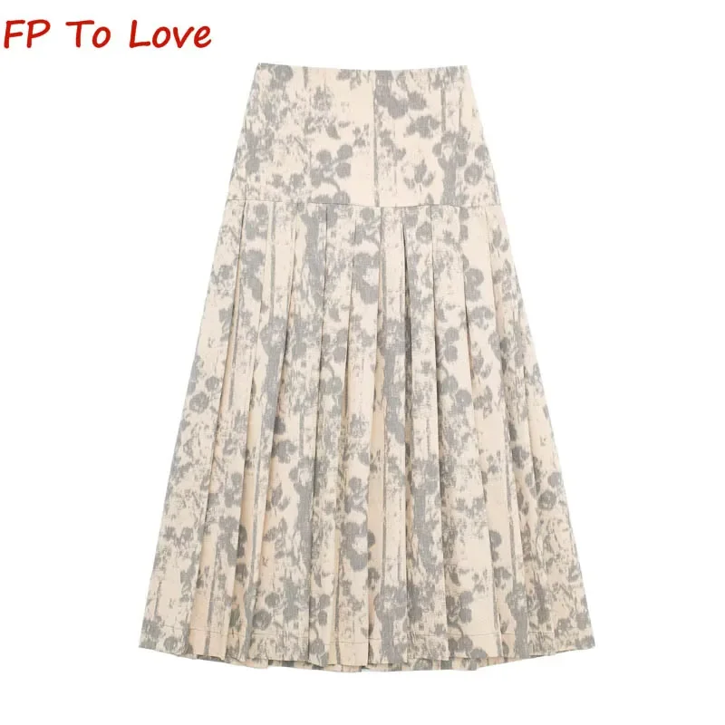 

Y2K Summer High Waist Design Vintage Midi Skirt PB&ZA Woman Printed A-Line Large Hem Half Skirt 2655519