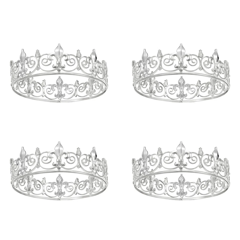 4X Royal King Crown For Men-Metal Prince Crowns And Tiaras, Full Round Birthday Party Hats(Silver)