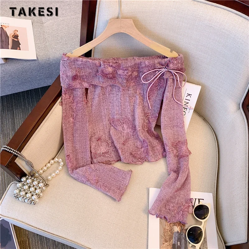 

2023 зимние сексуальные повседневные футболки с вышивкой бабочки с длинным рукавом и воротником-лодочкой, женские Клубные футболки-футляры с длинным рукавом, топы