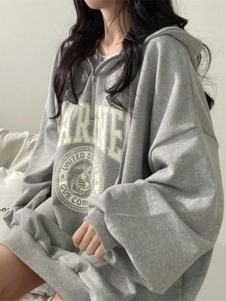 

Deeptown Hip Hop Zip Up Oversized Hoodies Women Harajuku Letter Print Sweatshirts Gray Vintage Loose Fleece Winter Tops Grunge