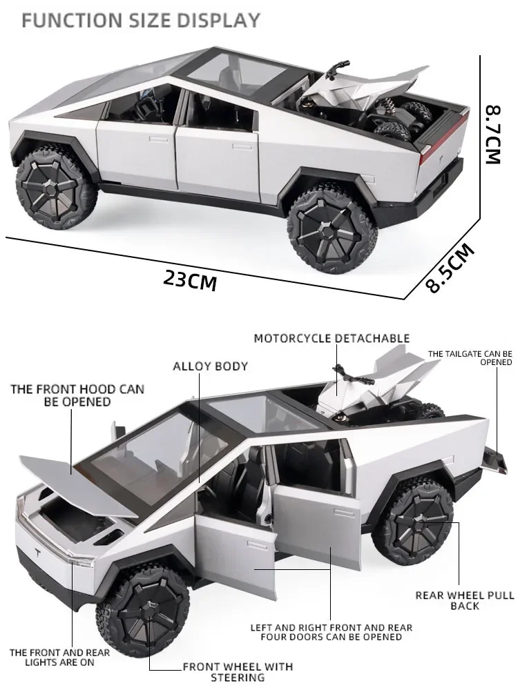 1:24 Tesla Cyberpunk Pickup Truck Model Alloy Simulation Sound And Light Pull Back Off-Road Vehicle Boys Collection Decoration 4