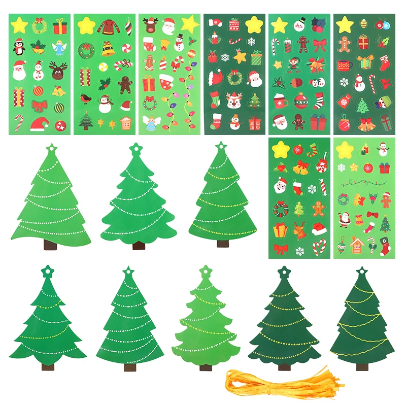 24pcs/set DIY Christmas Tree Craft Kit with Stickers Kids Gift Favors New Year Party Home Decoration Xmas Tree Hanging Ornament