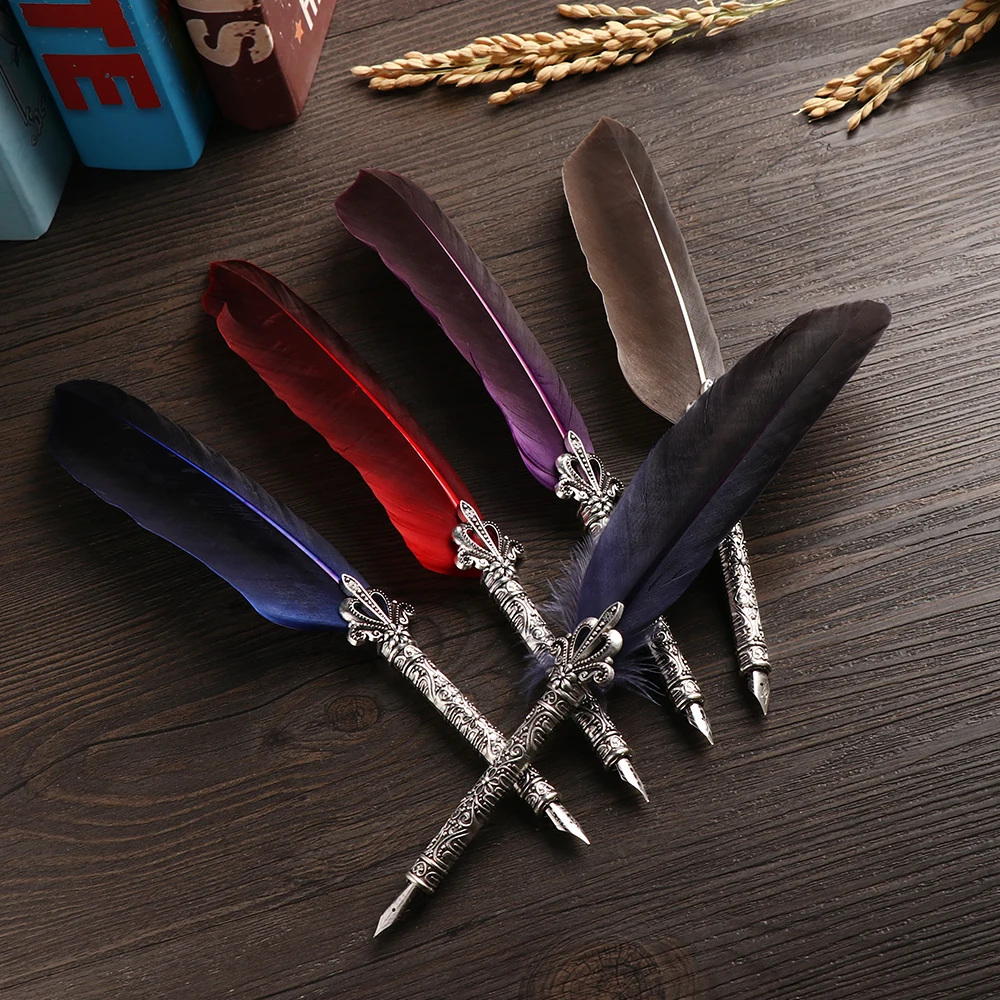 

1 Set Multicolor Retro Quill Dip Pen Turkey Feather Pen Quill Oblique + 5 Nibs+ Pen Set Gift Writing Tools Office School Supply