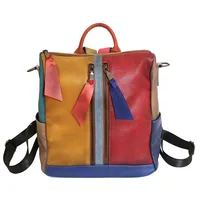 Vintage Genuine Leather Backpack Women Patchwork First Layer Cow Leather Backpacks Casual Ladies Double Shouder Bag 1