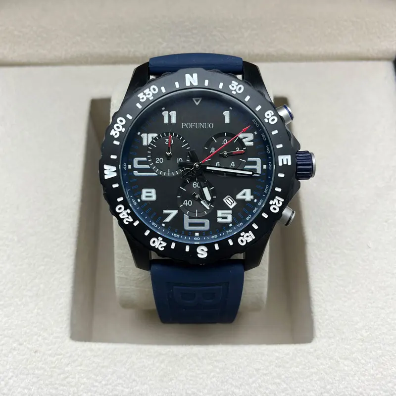 

44mm men's watch rubber strap black dial quartz movement chronograph multifunction blue