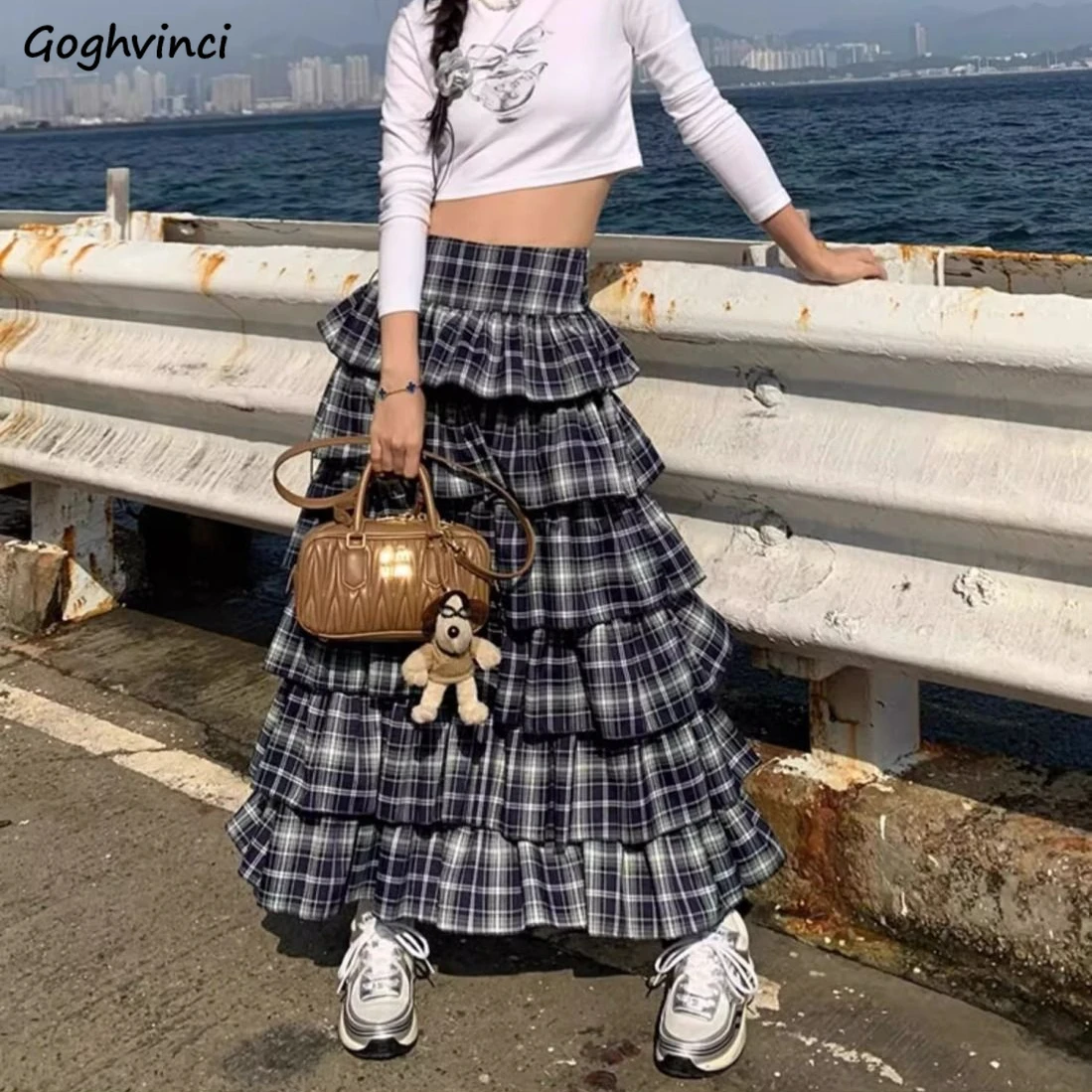 

Женская длинная юбка до щиколотки, свободная клетчатая винтажная юбка А-силуэта в Корейском стиле, Y2k
