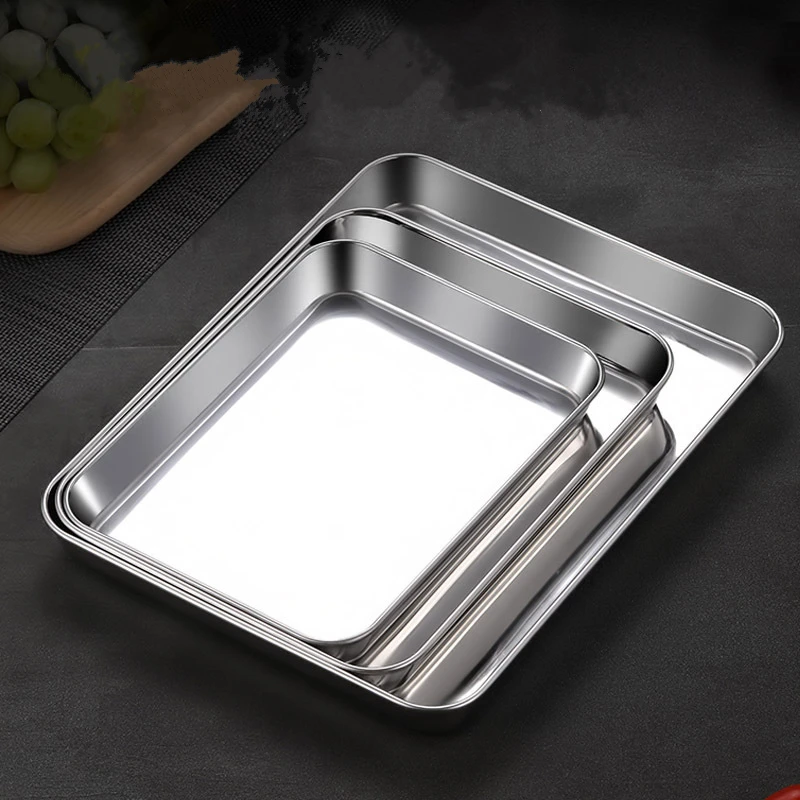 

Stainless Steel Rectangular Storage Tray Cake Food Plates Oven Baking Pan Bread Pizza Muffin Pie Dish Kitchen Accessories