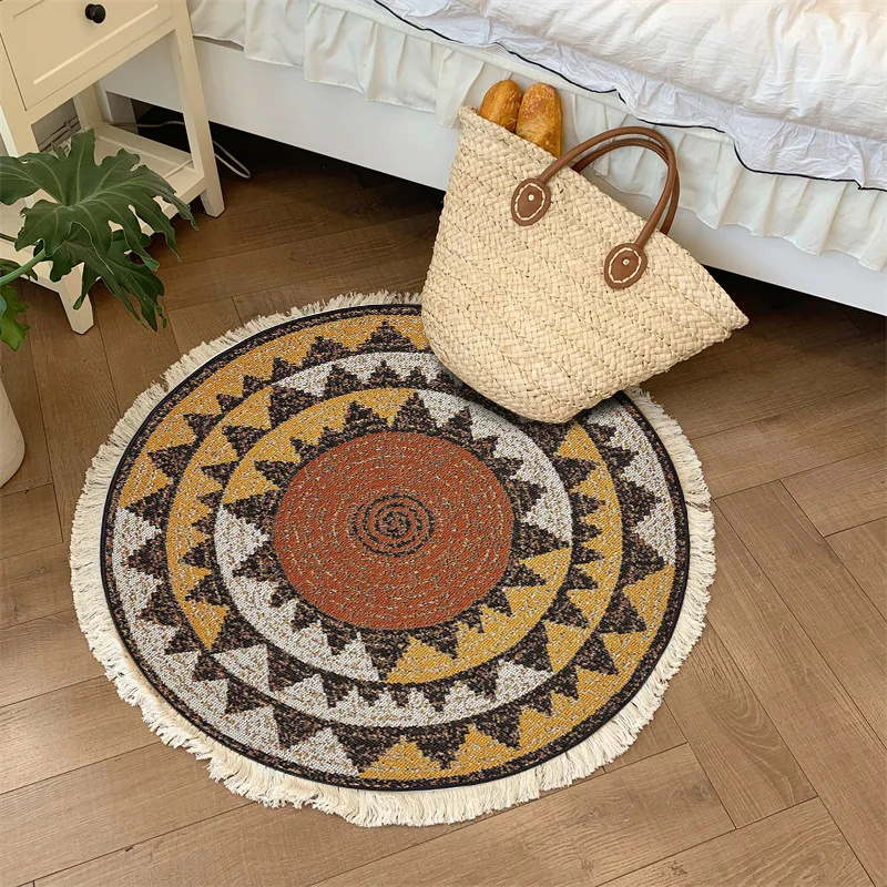 Cotton Linen Round Carpet Ethnic Printed Tassel Rugs Retro Bedroom Area Rugs for Living Room Floor Mat Macrame Carpets 2