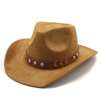 Faux Suede Women's Men's Western Cowboy Hat for Gentleman Lady Jazz Cowgirl Fedora Hats with Leather Church Sombrero Felt Caps 1