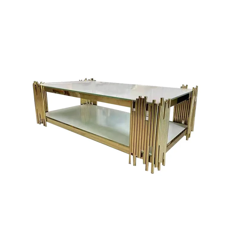 Polished electroplated high-low pipe hollow gold coffee table plated titanium gold stainless steel light luxury tea table