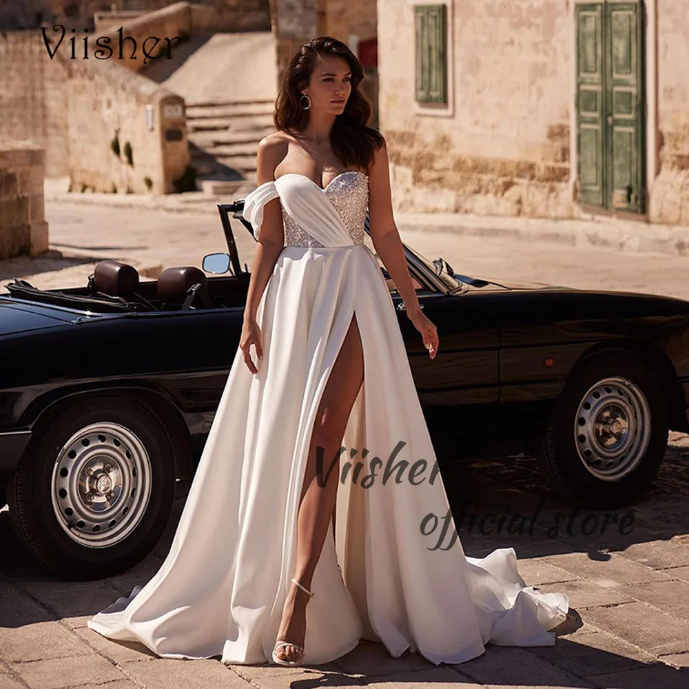 

Viisher Ivory Satin One Shoulder Wedding Dresses with Slit Train Sequins Sweetheart Beach Bridal Gowns Long Boho Wedding Dress