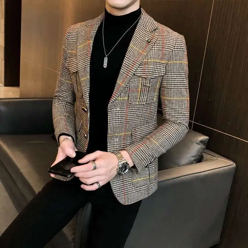 Vintage Plaid Blazer British Stylish Male Blazer Suit Jacket Business Casual Jacket Terno Masculino Mens Pattern