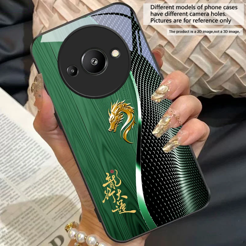 Elegant Black Tempered Glass Phone Case with Traditional Dragon Totem Design