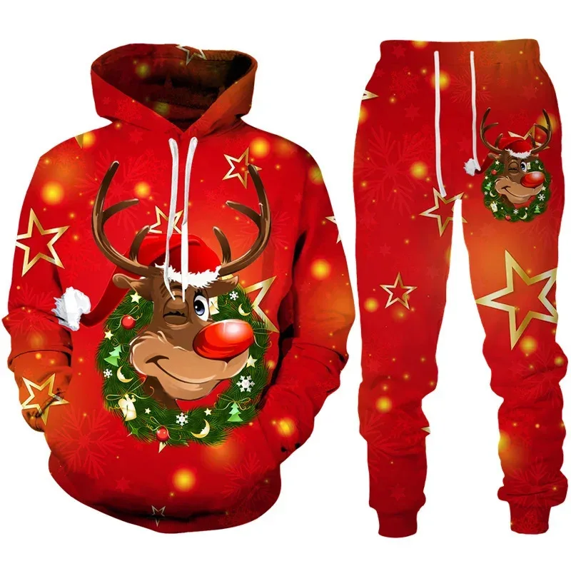 Autumn Christmas Mens 3D Printed Hoodie Pant Sets