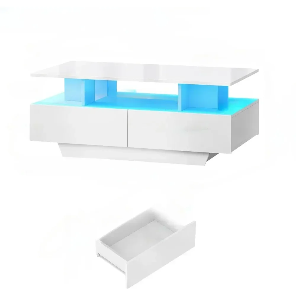 High Glossy LED Coffee Tables for Living Room, Center Table with Open Display Shelf & Sliding Drawers, White Coffee Table 6