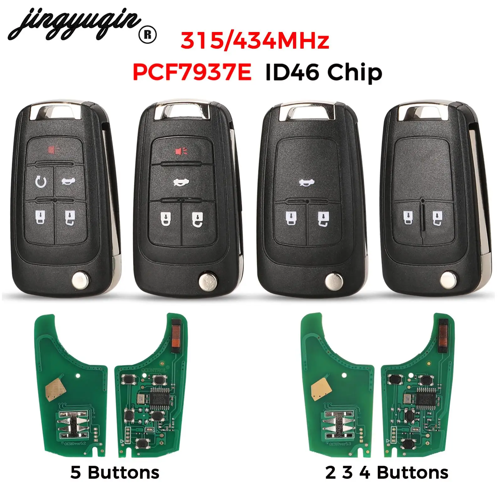 Jingyuqin 2/3/4/5-Tasten Klappbarer Fernbedienungs-Autoschlüssel für Chevrolet Camaro Cruze Equinox Impala Spark Volt 315/433MHz ID46 PCF7937E Chip
