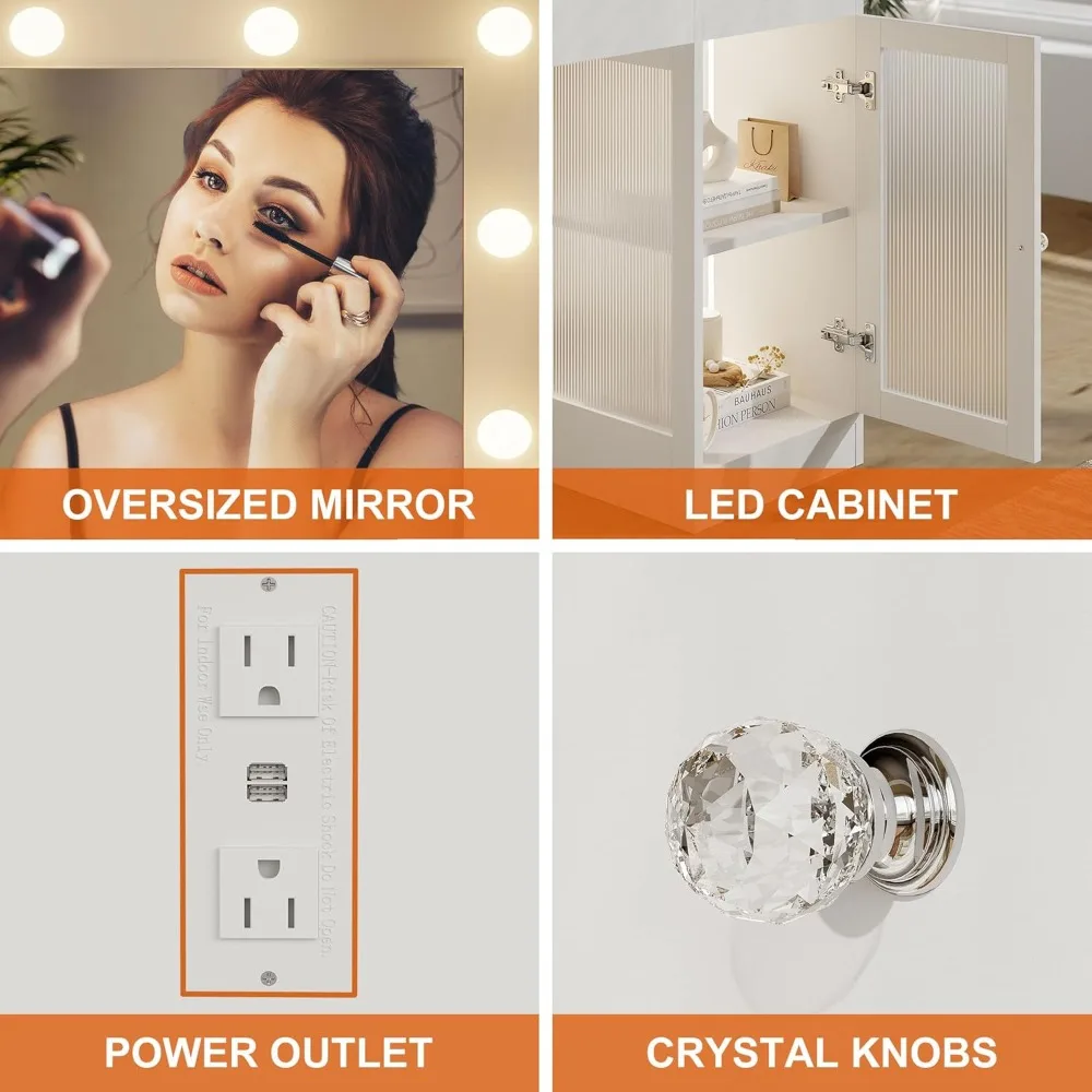 Vanity Desk Mirror and Lights, Glass Top Vanity Lights & Power Outlet, Makeup Desk Lights, Table 3 Color Lighting Modes