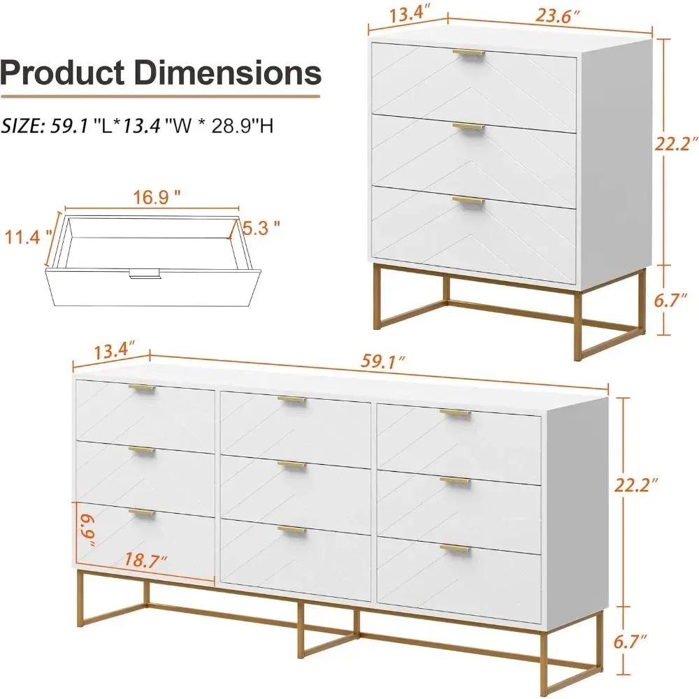 3 / 9 Drawers, Chest of Drawers,Dressers with Storage,Storage Cabinet with Golden Legs for Bedroom, Living Room, White / Black 2
