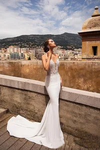 Sexy Mermaid Wedding Dresses For Women V Neck Lace Appliqued Backless Beach Wedding Bridal Gowns vestidos de novia