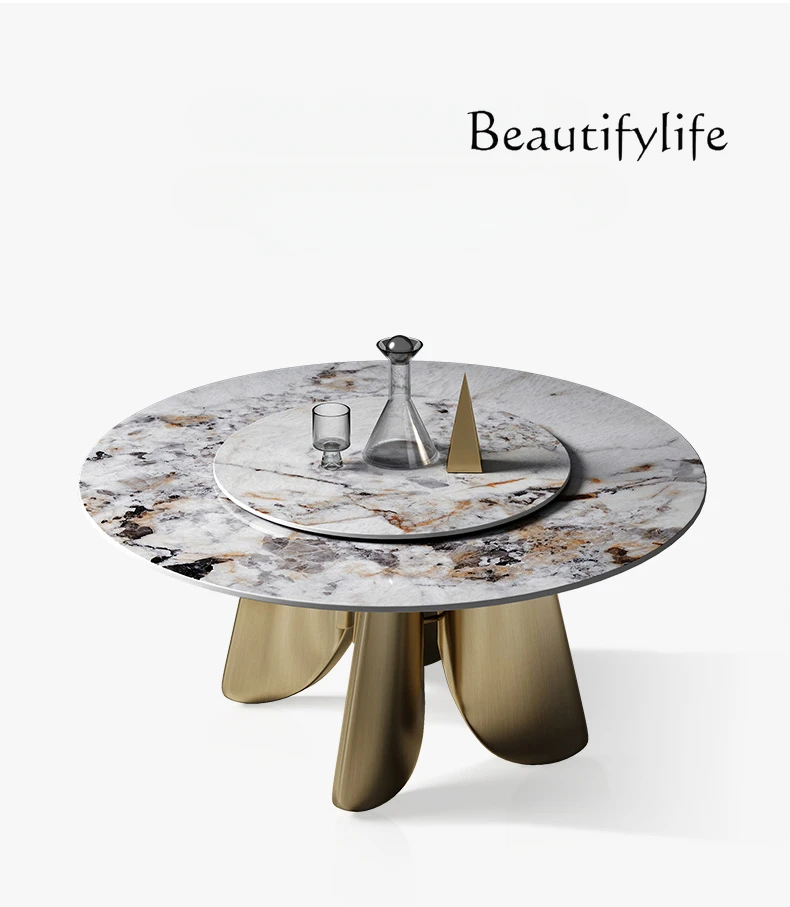 

Italian Light Luxury Stone Plate Dining Tables and Chairs Set Modern Simple High-Grade round Turntable Dining Table Home