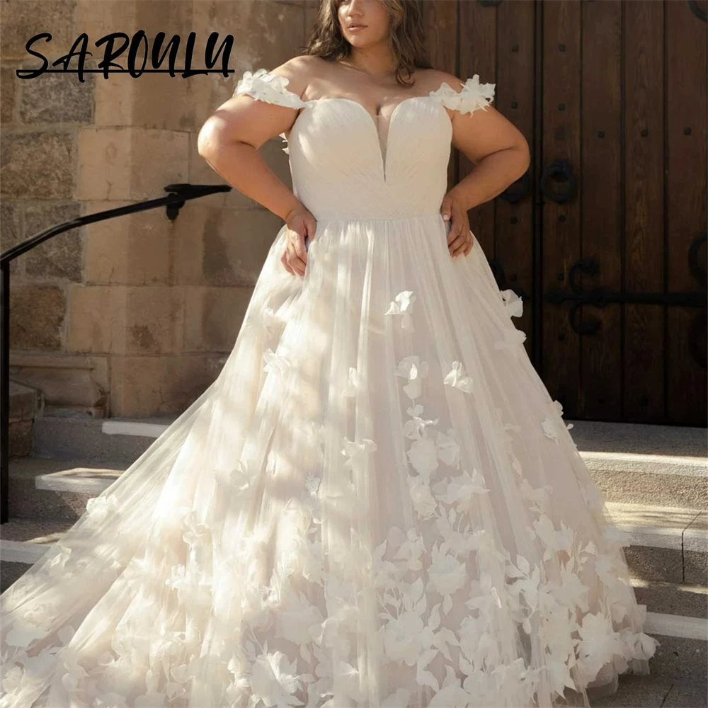 

Plus Size 3D Floral Appliqued Bride Dresses Off-The-Shoulder Bridal Gown Vestidos De Novi Whimsical Tulle Ballgown Wedding Dress