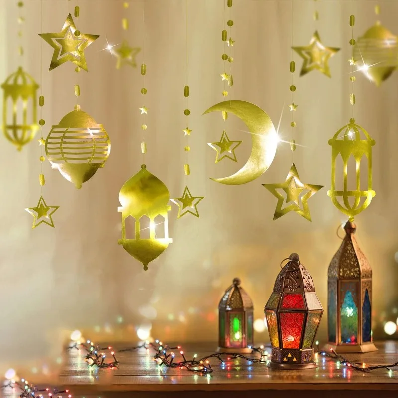 16Pcs Islamic Gold Star Crescent Moon Lantern Ramadan Ghirlande Decorazioni Eid Home Happy Ramadan Mubarak Birthday Party Decor