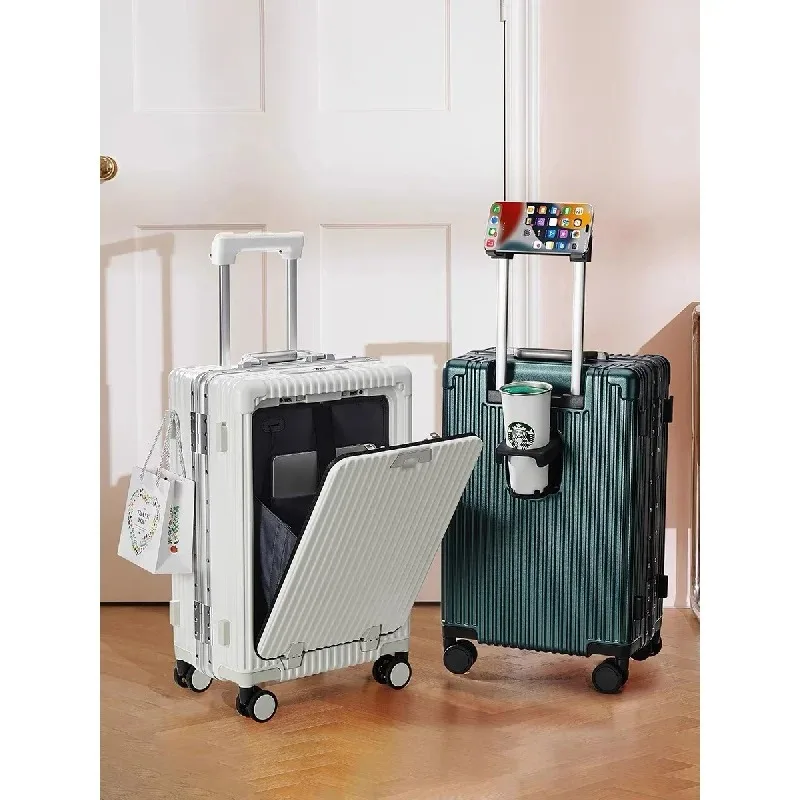 

Large Capacity Rolling Luggage Front Opening Aluminum Frame with Cup Holder USB Charging Trolley Case Carry-Ons Travel Suitcases