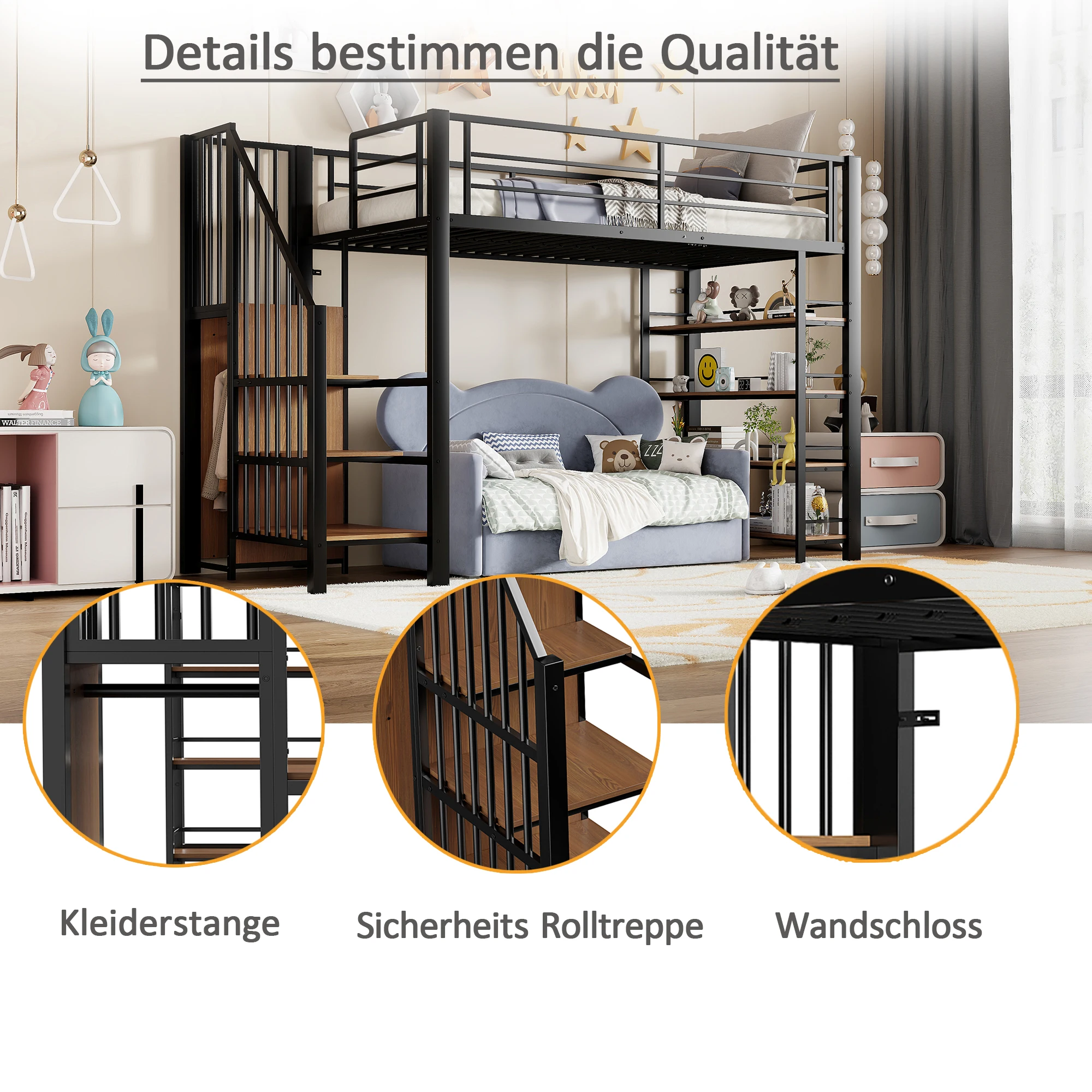 KOMHTOM Hochbett Einzelbett 90x200 cm mit Sicherheitstreppe Stauraum kleinem Kleiderschrank Einlegeböden und hohem Zaundesign – Detail 4