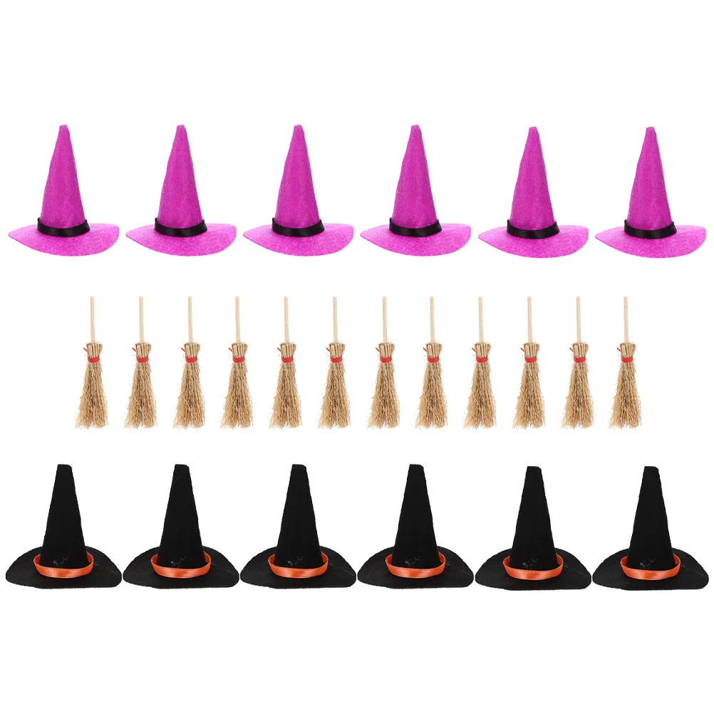 

Halloween Witch Decorative Felt Hat Ornaments Small Hats for Cake 8cm and Broom Tiny Covers Cloth Decors Mini Crafts