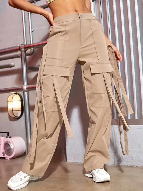 Women Trendy Cargo Pants Flap Pocket Ribbon Baggy Wide Leg