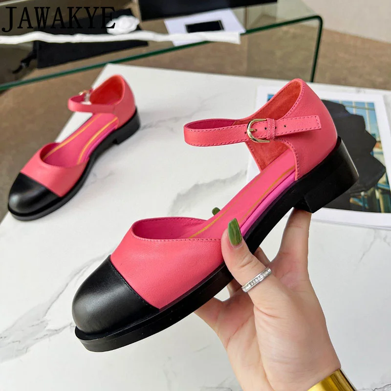 

Color Blocking Genuine Leather Women Flats Round Toe Ankle Strp Mary Janes Brogue Shoes British Brand Loafers Ladies Oxfords
