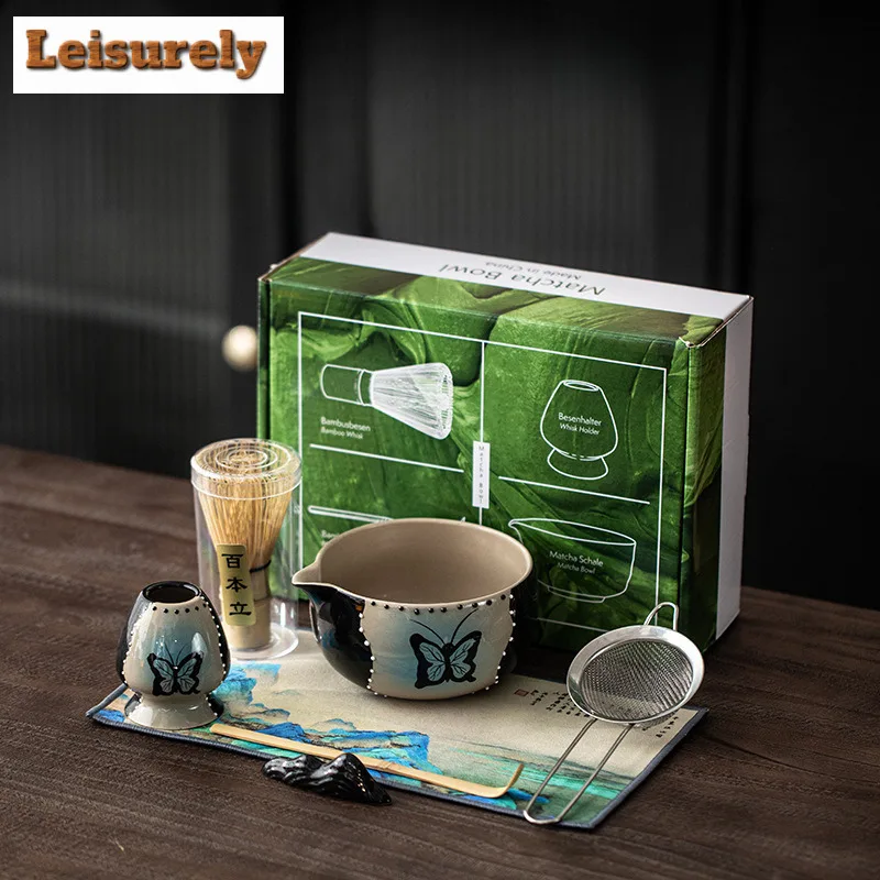 Polka Dot Hand-painted Butterfly Tea Set Complete Set Bamboo Chasen Japanese Matcha Set Kit Tea Ceremony Kitchen Supplies Craft