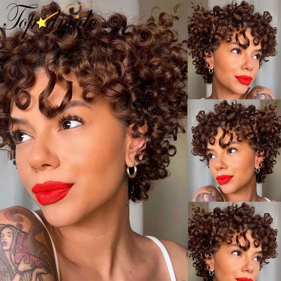 

Topodmido Brown Color Peruvian Hair Kinky Curly Bob Wig with Bangs Short Human Hair Hair Bob Wig 4x4 Lace Closure Wigs Glueless