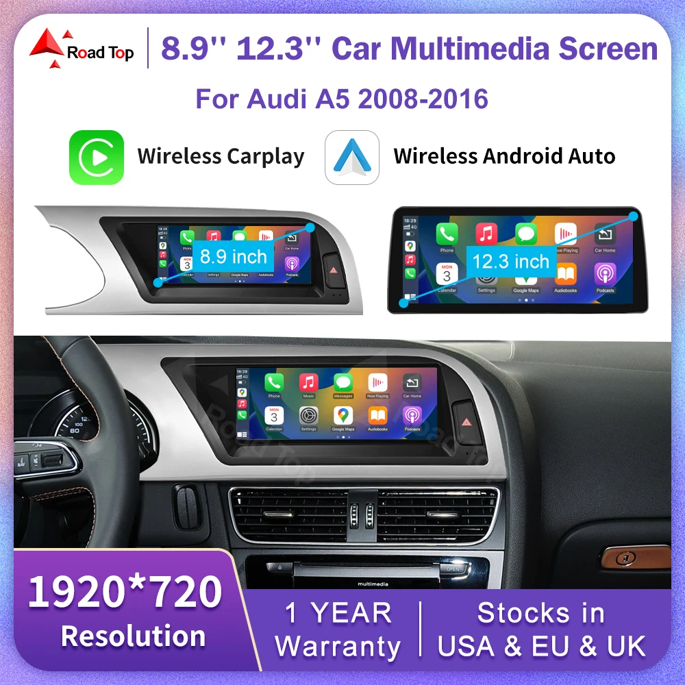 Linux 8,9/12,3 pulgadas pantalla táctil Multimedia para coche para Audi A5 2008-2016 con función inalámbrica CarPlay Android Auto Airplay 1