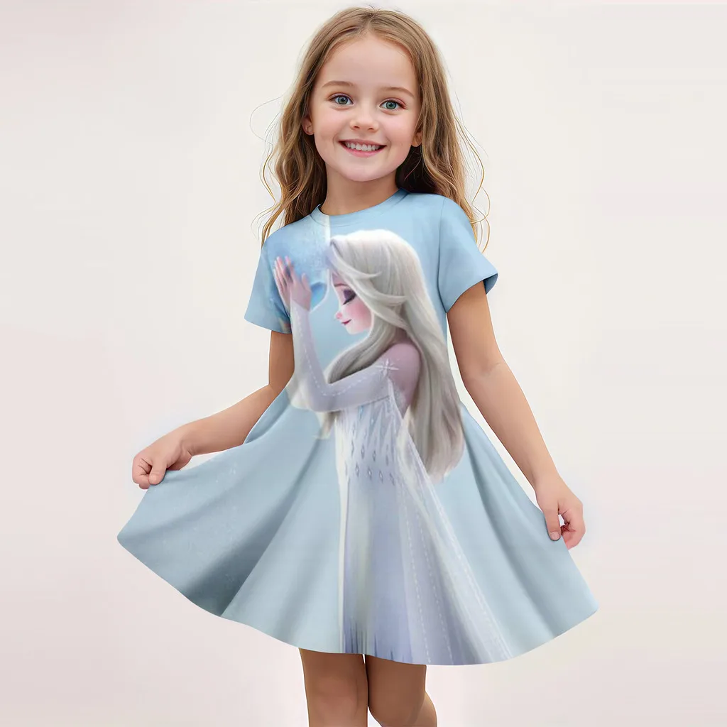 Frozen Summer Girls' Skirt Short Sleeved Dress 3d Printed Cartoon Cute Disney Princess Fashion Mnso Breathable Clothing Party