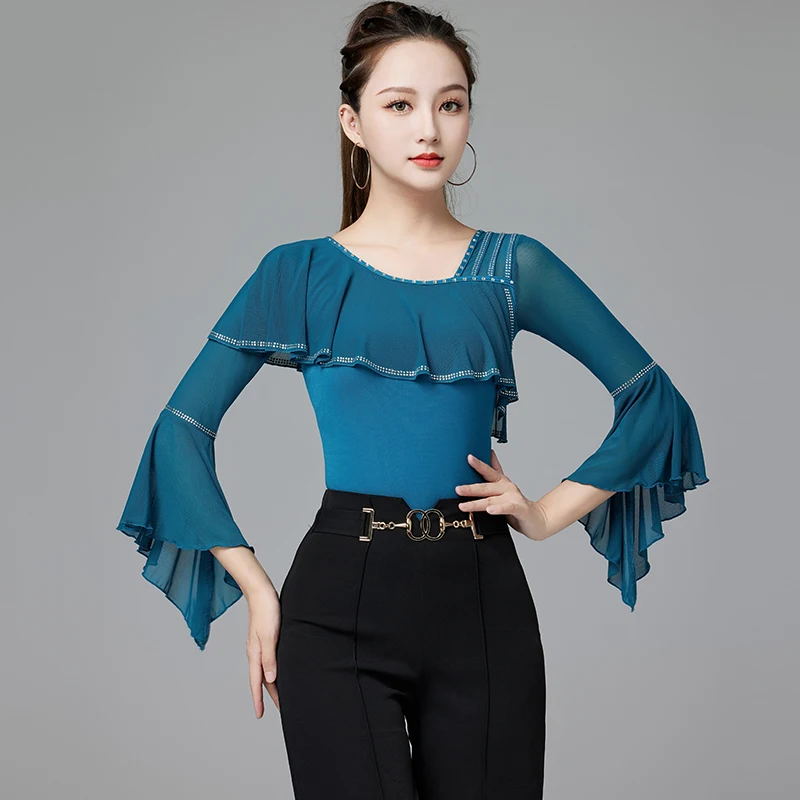 

National Standard Dance Top Women'S 2023 New Modern Waltz Social Latin Dance Dance One Piece Diamond Practice Clothing DQL8556