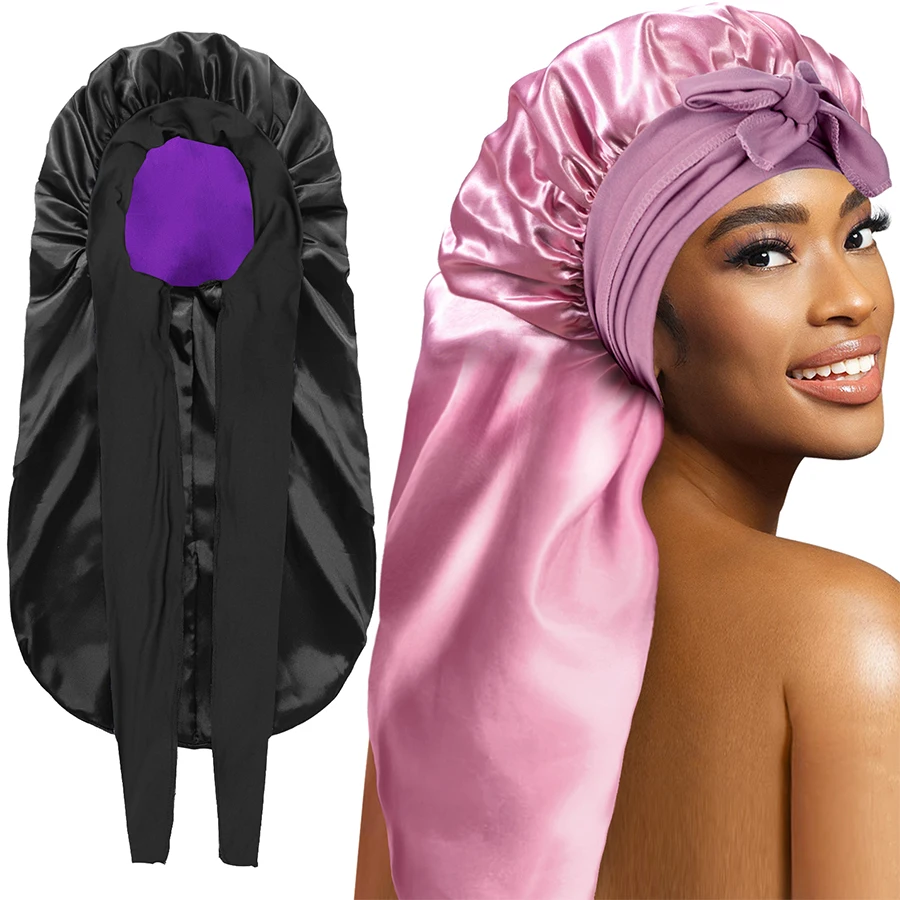 Gorro de seda largo Extra grande para mujer, banda elástica para el pelo de satén, cómoda cubierta para la cabeza, gorro para dormir nocturno para ducha de dormir