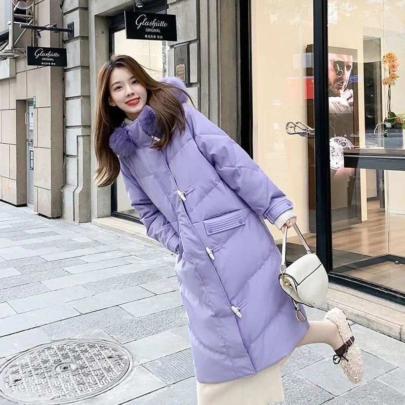 2023 New Women Down Jacket Winter Coat Female Mid Length Version Parkas Loose Thick Warm Outwear Hooded Real Fur Collar Overcoat