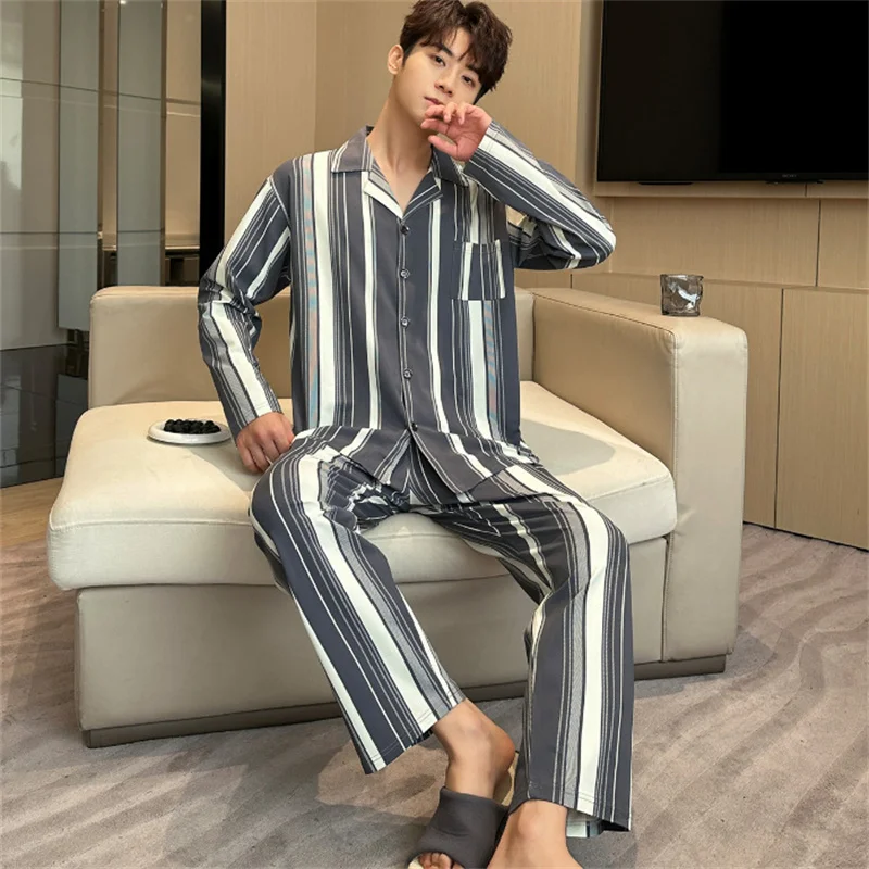 Spring Autumn Men's Thin Printed Pajamas Lapel Long Sleeve Cardigan Pants Two Piece Set Oversized Casual Home Clothing