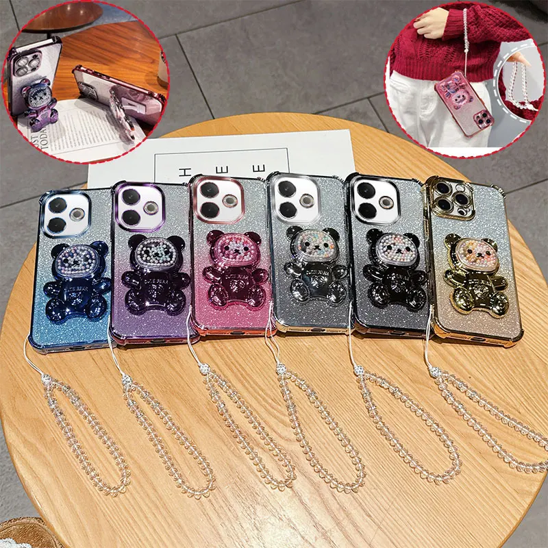 Shockproof Glitter Phone Case with 3D Bear Stand and Crystal Chain Lanyard