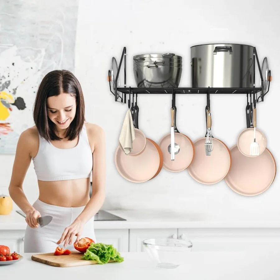 28 Inch Pot Rack Wall Mounted Pots and Pans Organizer with 12 Hooks and 2 Pot Lid Holders Heavy Duty Steel Pot and Pan Hanger f
