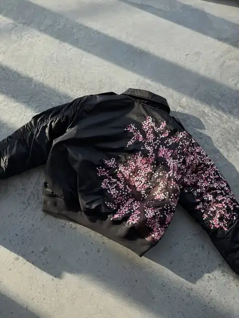 Black Cherry Blossom Embroidered Bomber Jacket Women Men Y2K Loose Casual Streetwear Coat Vintage Fashion Outerwear Ribbed Cuff 2