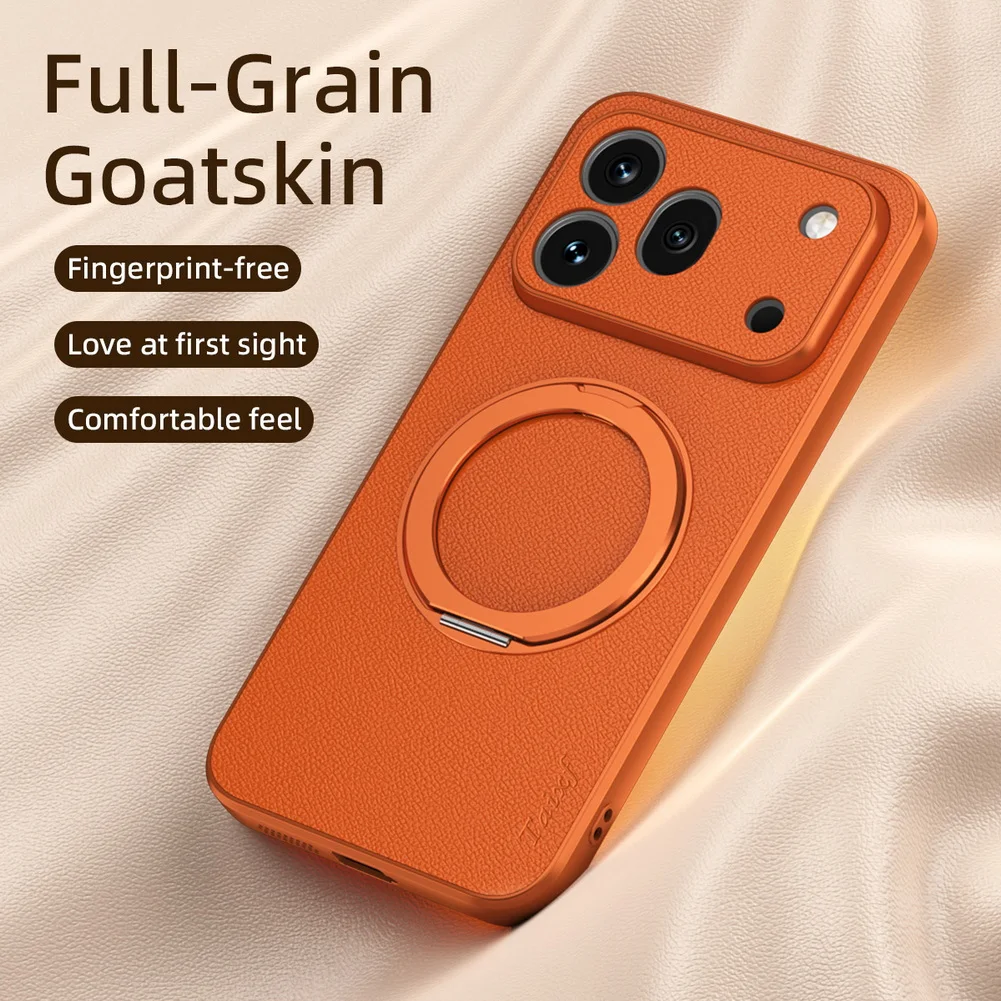 360° Rotating Ring Kickstand Magnetic Goatskin Leather Protective Case