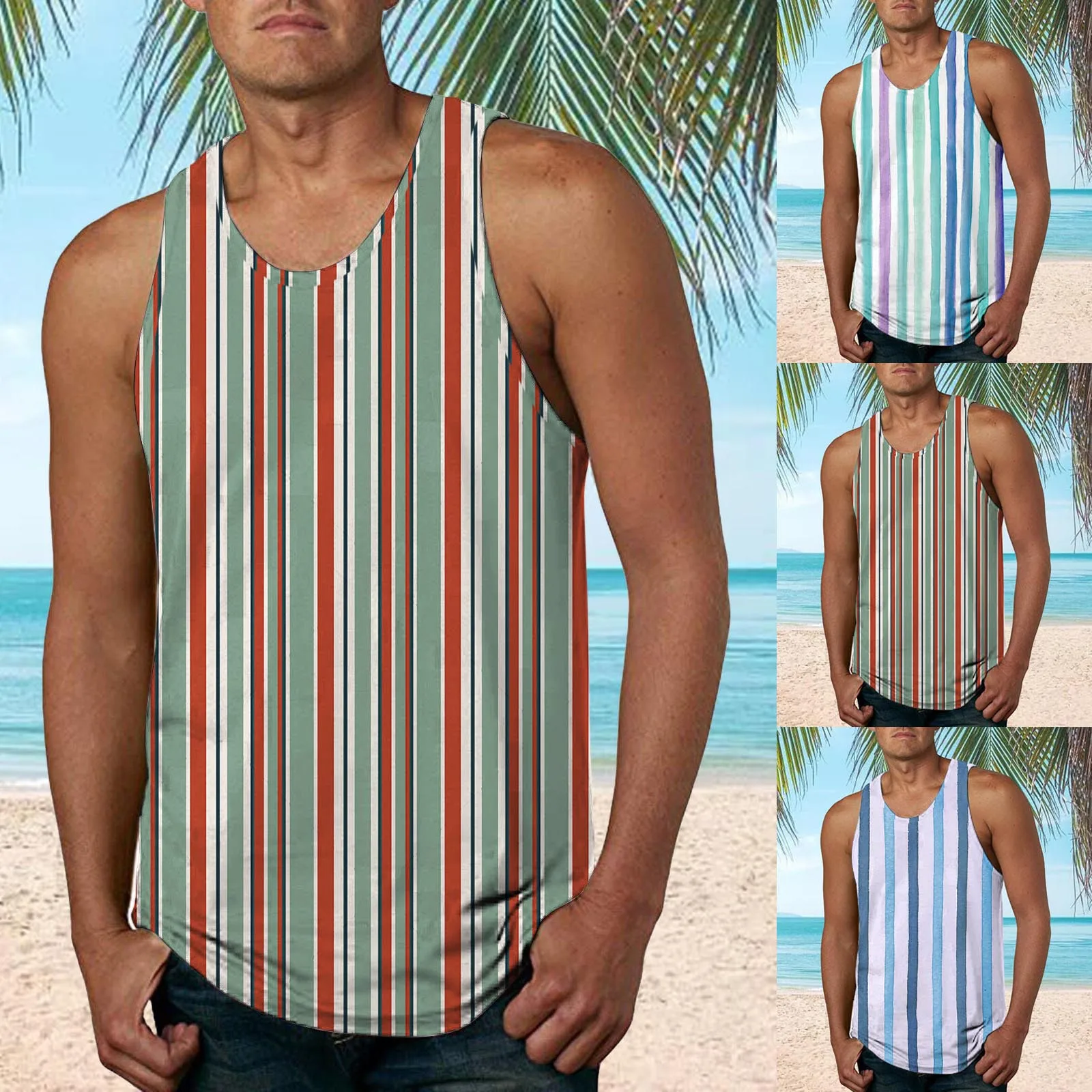 

Майка мужская в полоску, Пляжная модная жилетка с круглым вырезом для отдыха на лето, гавайская одежда для спортзала, бодибилдинга
