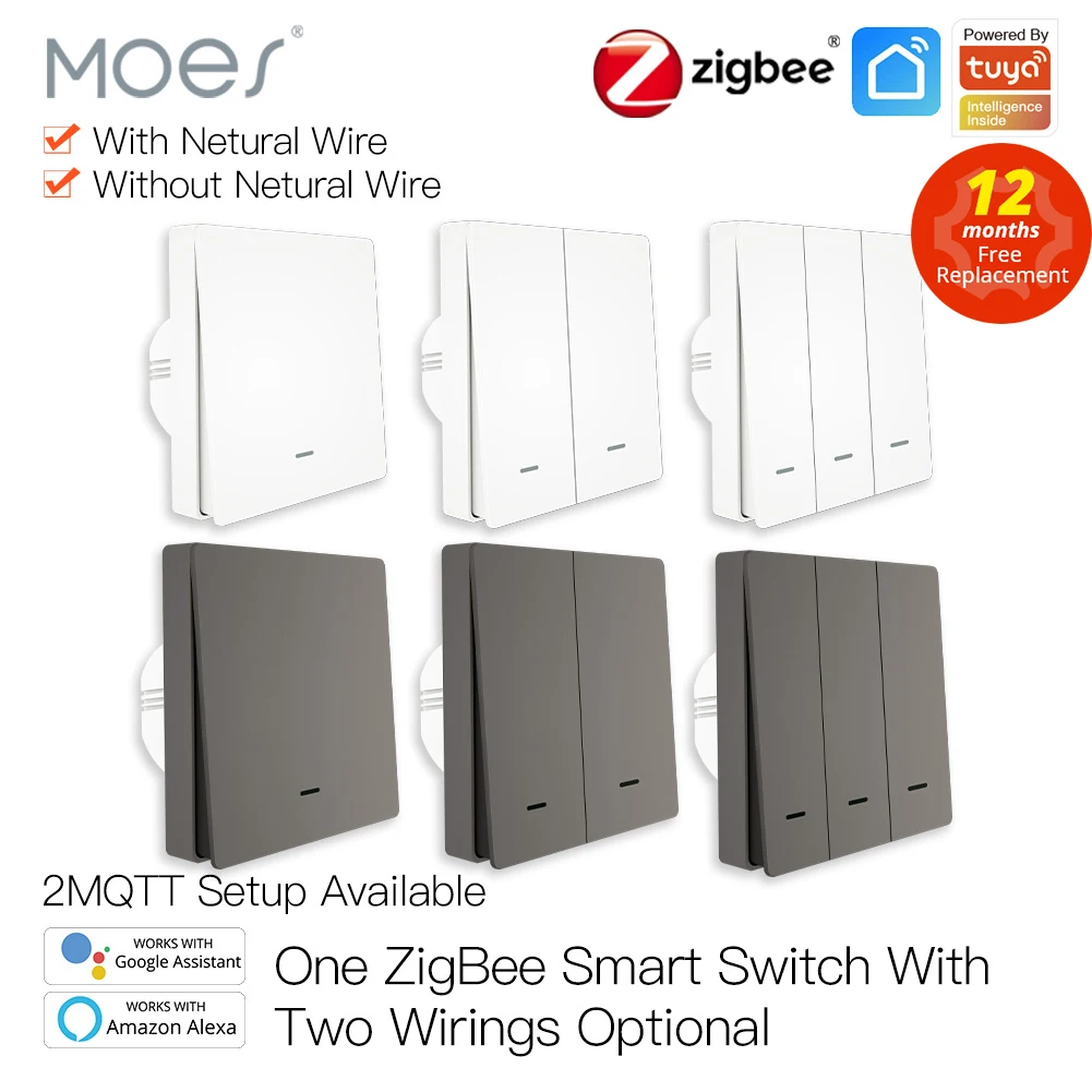 MOES ZigBee - Interruptor de luz de pared táctil inteligente, sin cable  neutro/cableado N+L, sin condensador, Smart Life Tuya 2/3 Way Control  remoto