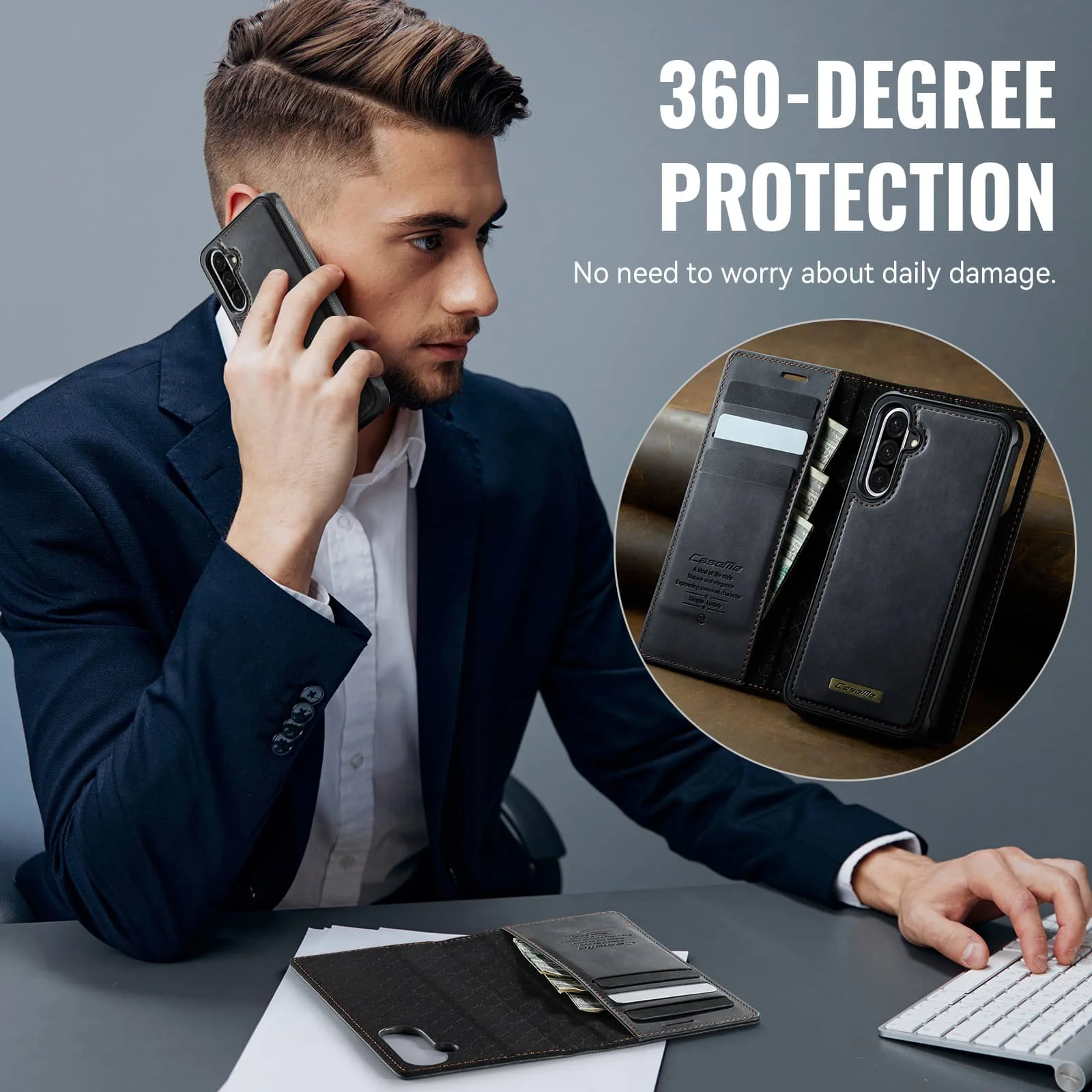 Detachable PU Leather Flip Wallet Case with RFID Blocking