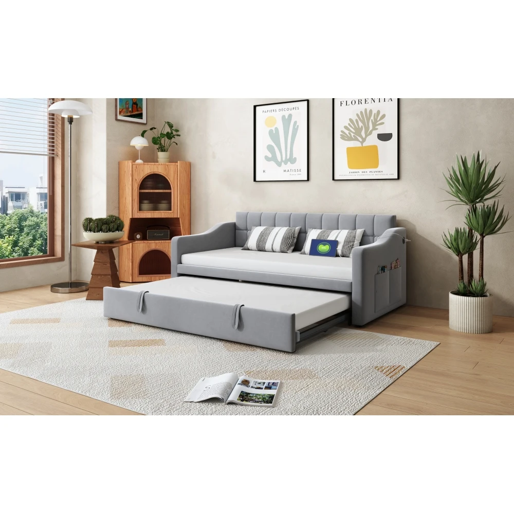 Gepolstertes Bett, Schlafsofa, Multifunktions-Schlafsofa, 90 x 180 x 190 cm, hellgraues, mit Samt gepolstertes Bett mit Steckdose und Aufbewahrungstasche – Detail 8