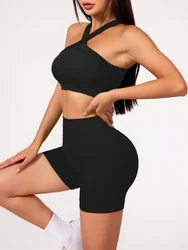 Women's Summer Yoga Outfit - Naked Feel Gym Set with High Waist Shorts and Strappy Sports Bra - XS（old） (Black)